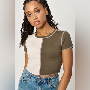 NWOT Garage Olive and Cream Colorblock Stormi Patchwork Crop Top